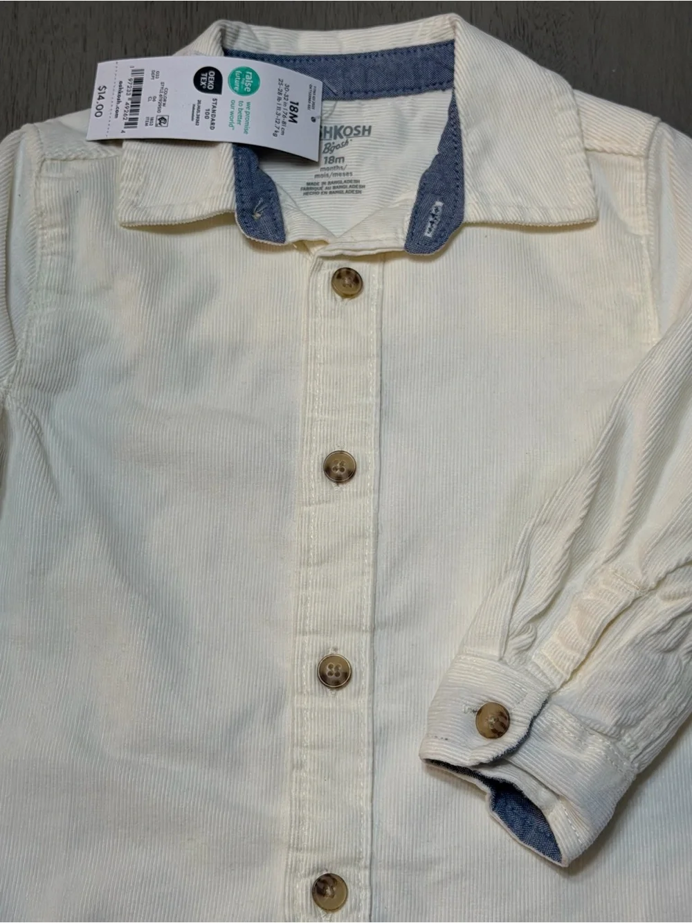 OshKosh B'gosh Cream Button-Down Shirt with Chambray Trim 18M